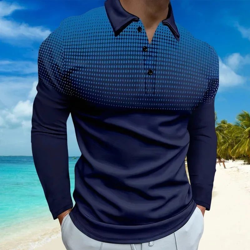 Footmax Men's Gradient Dot Print Golf Polo Shirt - Long Sleeve Casual Streetwear Button Up - footmaxldn