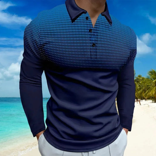 Footmax Men's Gradient Dot Print Golf Polo Shirt - Long Sleeve Casual Streetwear Button Up - footmaxldn