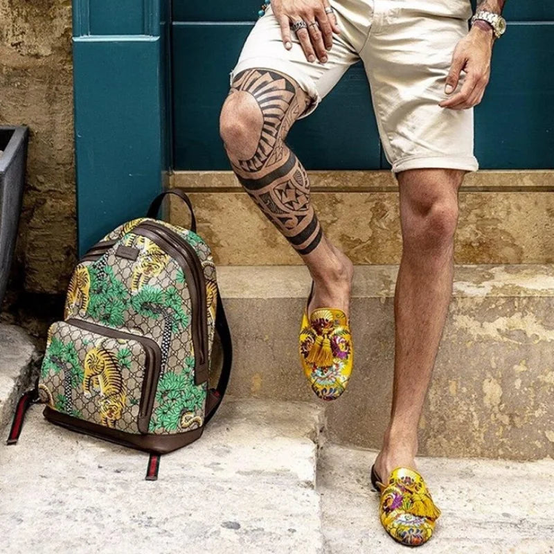 Men's Gold Floral Leather Slide Sandals