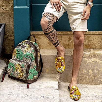 Men's Gold Floral Leather Slide Sandals