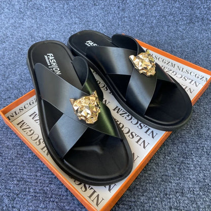 size38-48 original shoes brand summer leather slides for man black brown fashion shoes for mens slippers business beach slippers - footmaxldn