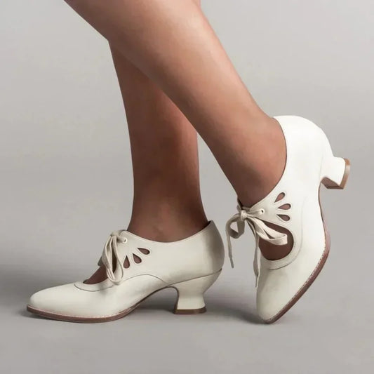 Footmax Women's Retro Jane Pumps - Vintage Butterfly Wing Derby Shoes with Low Heel - footmaxldn