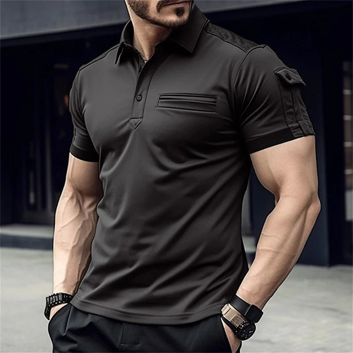 FootMax Men's Cargo Polo Shirt - Slim Fit Short Sleeve with Arm Pocket Design - footmaxldn