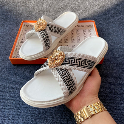 Footmaxldn Lion Head Cross-Strap Slides | Men's Designer Sandals
