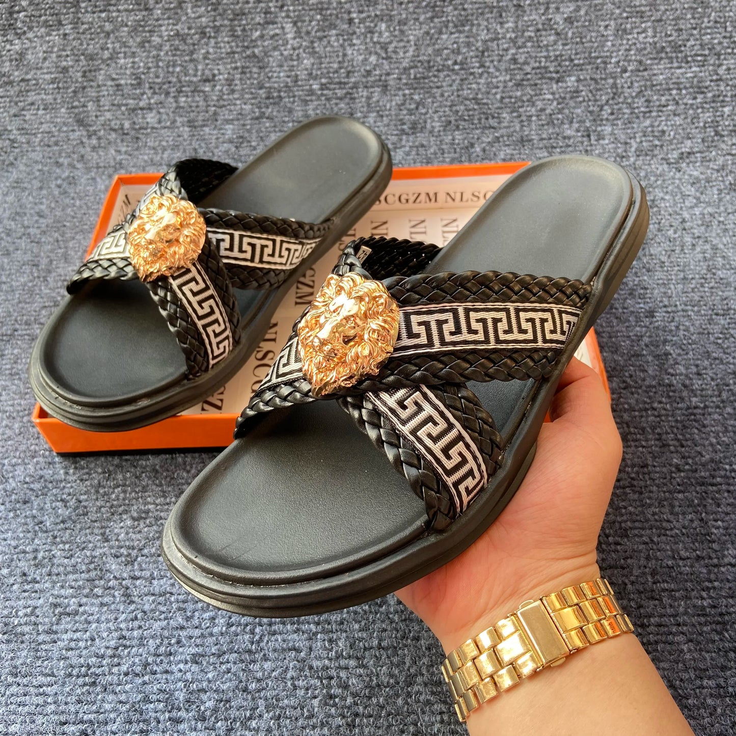 Footmaxldn Lion Head Cross-Strap Slides | Men's Designer Sandals
