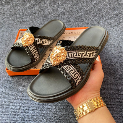 Footmaxldn Lion Head Cross-Strap Slides | Men's Designer Sandals