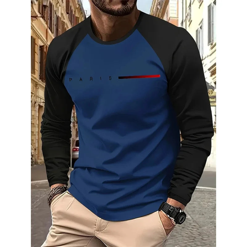 Men's Printed Long Sleeve T-Shirt – Relaxed Fit Crew Neck Top