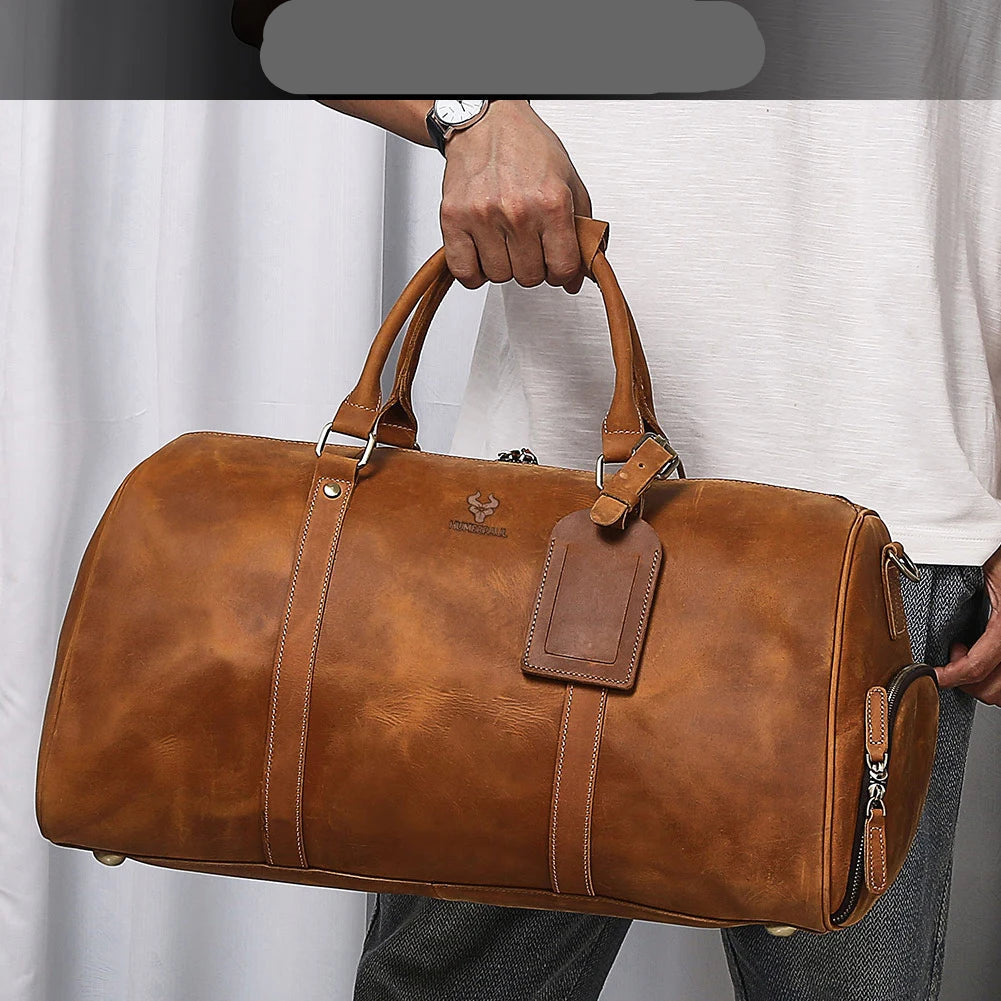 Footmax Men's Crazy Horse Leather Duffle Bag - Large Travel Luggage 15" Laptop - footmaxldn