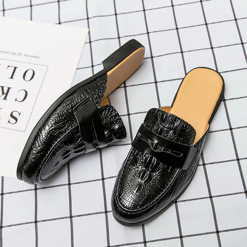 New Men Half Slippers Penny Loafers Male Casual Alligator Pattern Black Brown Mules Moccasins Breathable Driving Shoes - footmaxldn