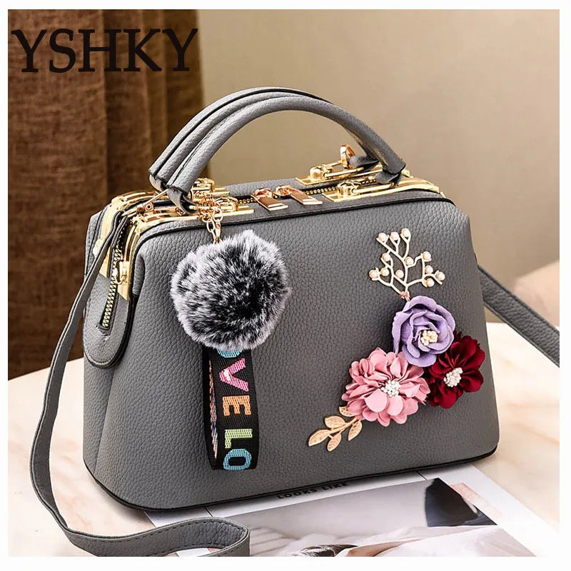 Footmax Luxury Crossbody Bag with Pom-Pom - Designer Women's Shoulder Handbag