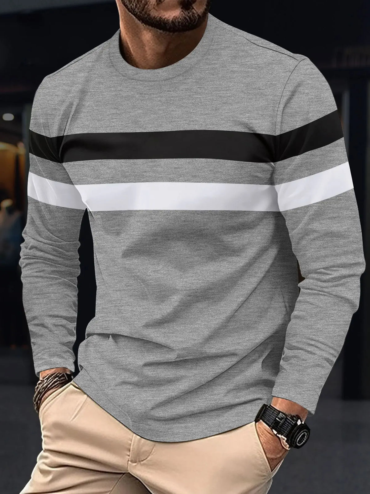 Men's Striped Long Sleeve T-Shirt - Round Neck Oversized Tee