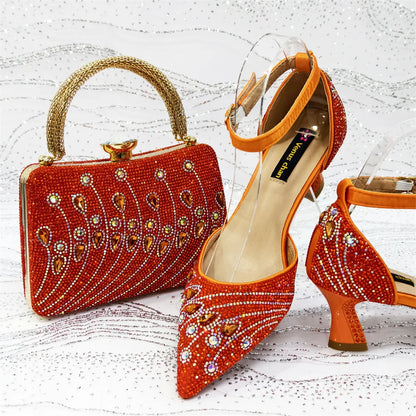 2025 Elegant Rhinestone Pointed Toe Pumps With Matching Bag Set Large Size shoes Big Bag for Women's Party High Heels - footmaxldn