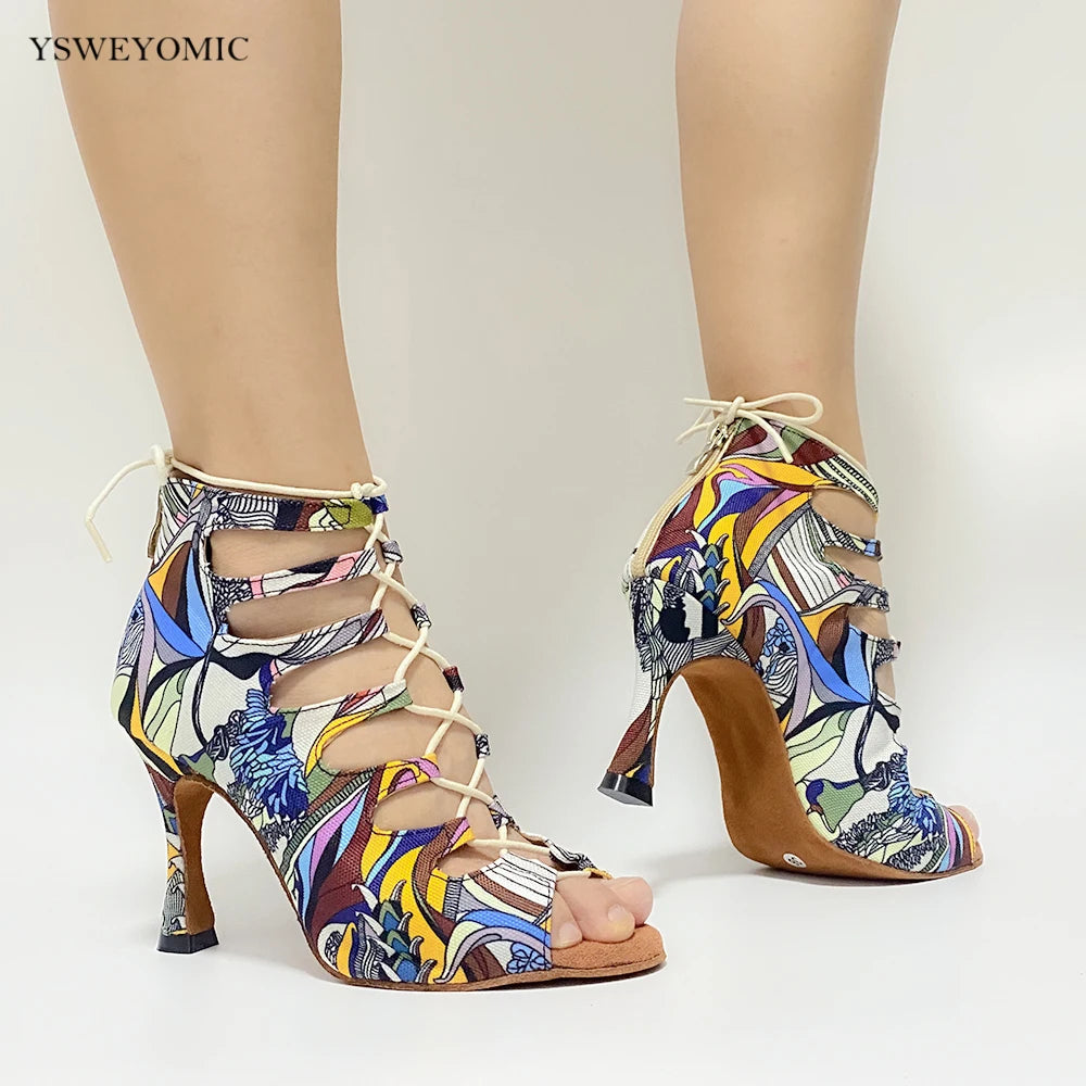 Footmax Colorful Denim Dance Boots - Women's Latin Salsa Dance Shoes with Thick Insole - footmaxldn