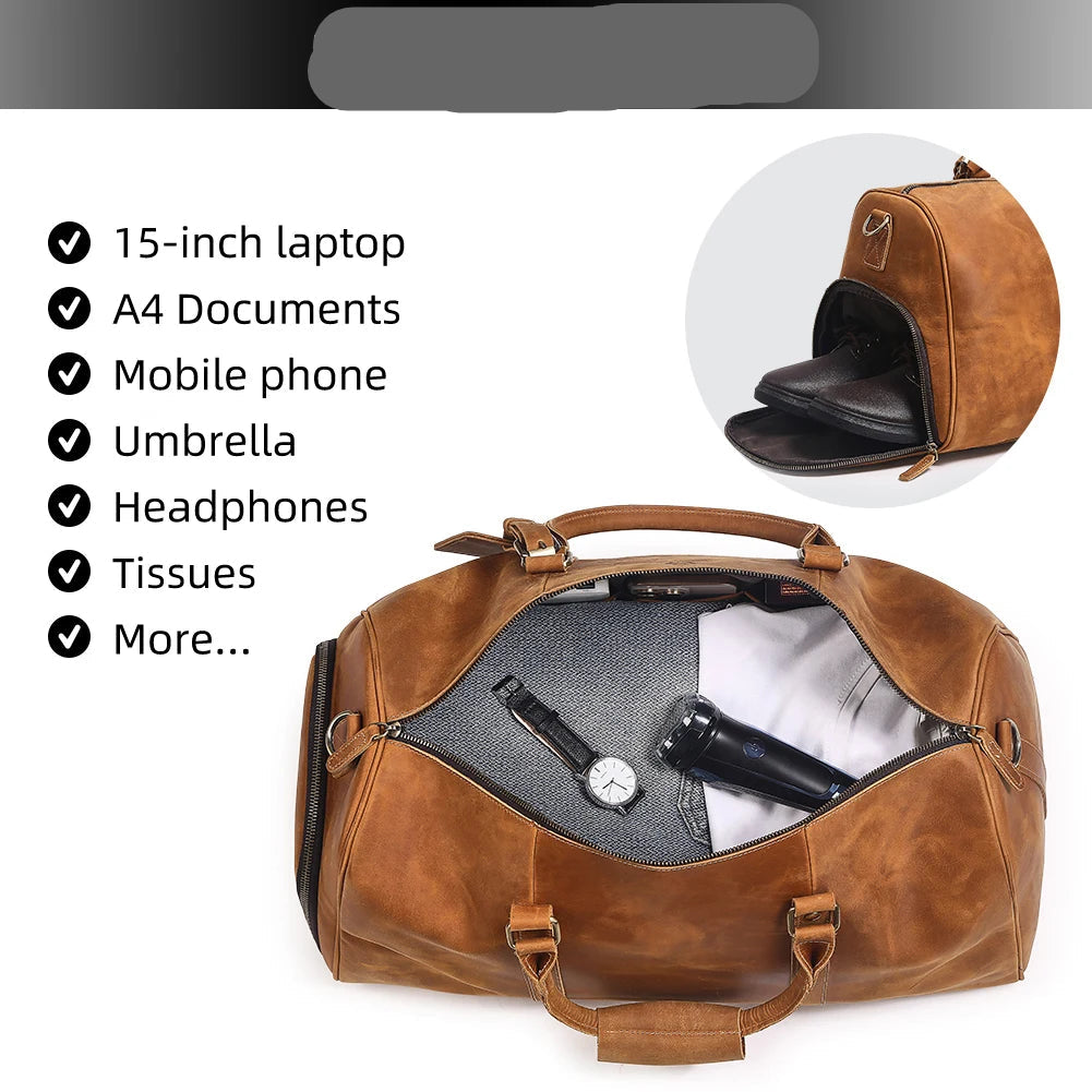 Footmax Men's Crazy Horse Leather Duffle Bag - Large Travel Luggage 15" Laptop - footmaxldn