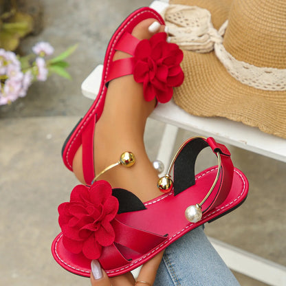 Footmaxldn Floral Pearl Flat Sandals – Women's Slip-On Summer Shoes
