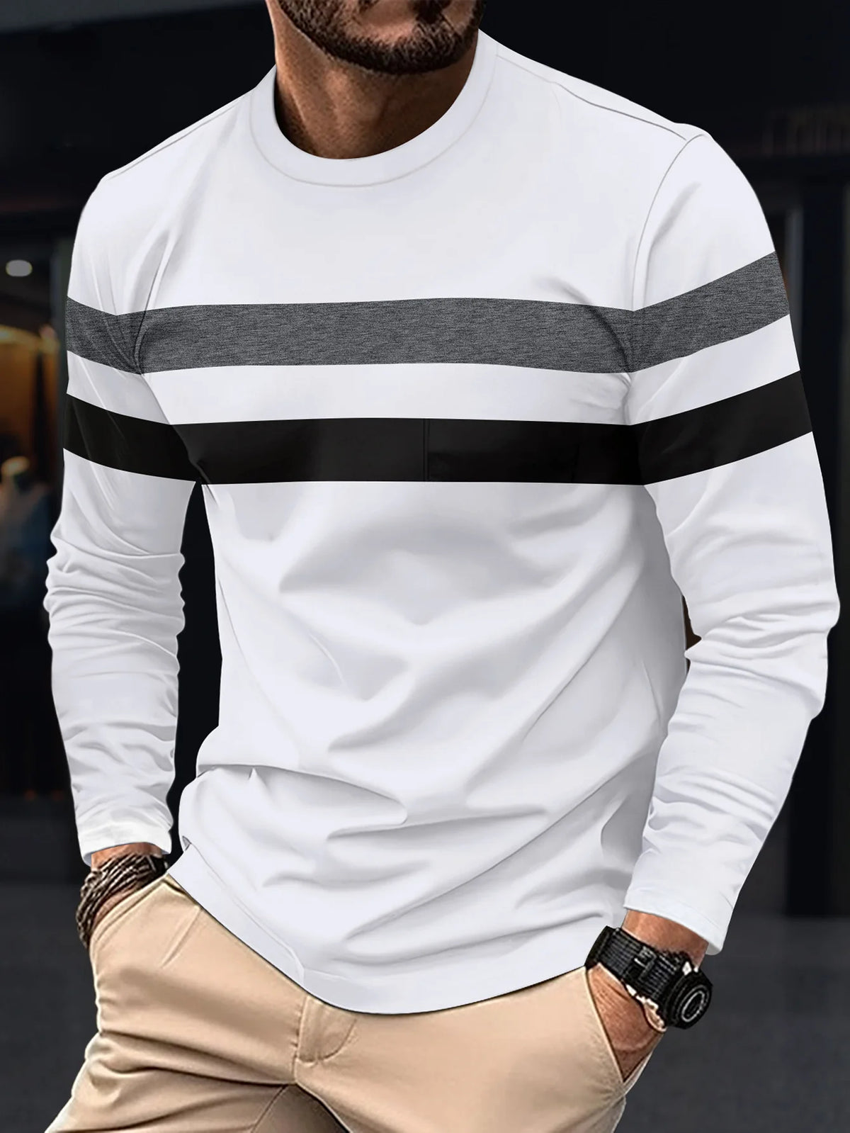 Men's Striped Long Sleeve T-Shirt - Round Neck Oversized Tee