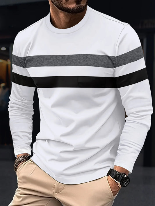 Men's Striped Long Sleeve T-Shirt - Round Neck Oversized Tee