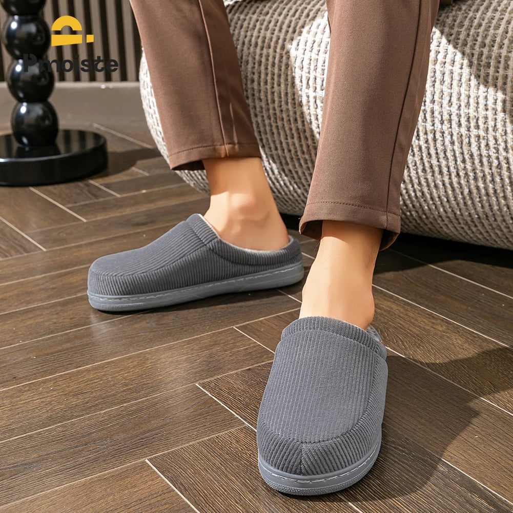 Pmoiste Stripe Corduroy House Shoes Men Warm Soft TPR Cushion Memory Foam Home Slippers Slip On Winter Indoor High-quality - footmaxldn