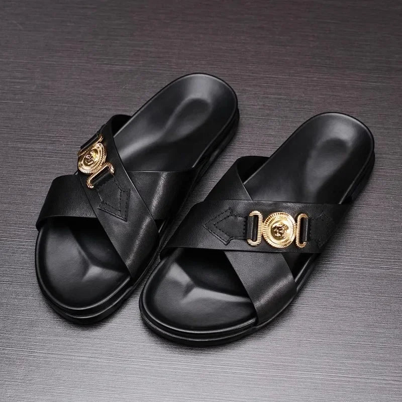 Footmaxldn Men's Genuine Leather Slide Sandals | Cross-Strap Beach & Casual Shoes