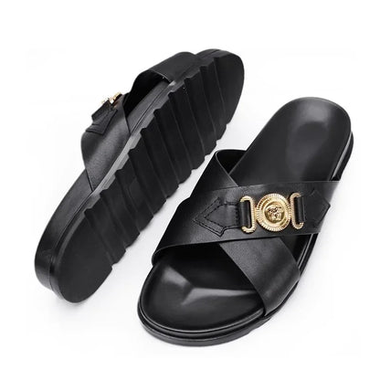 Footmaxldn Men's Genuine Leather Slide Sandals | Cross-Strap Beach & Casual Shoes