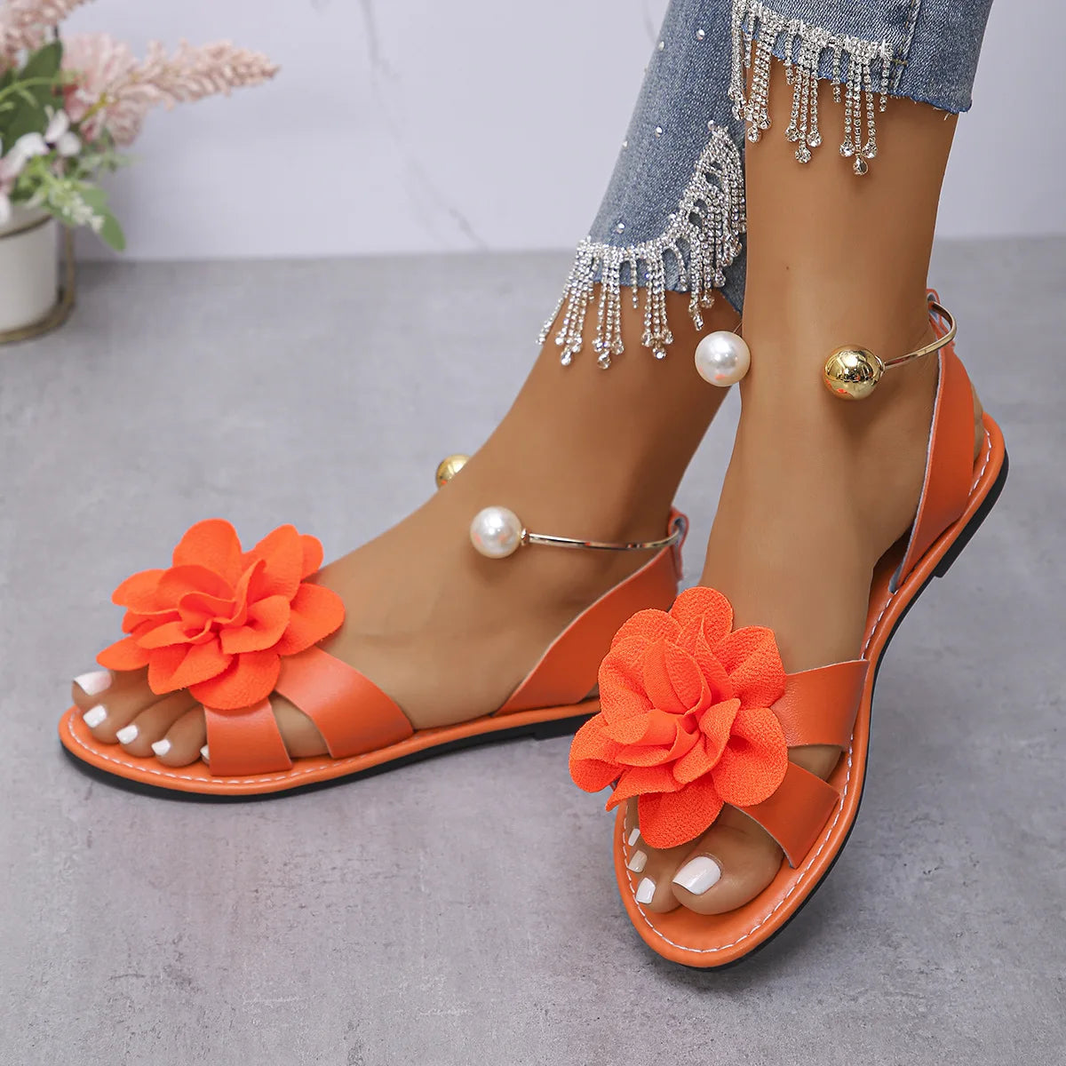 Footmaxldn Floral Pearl Flat Sandals – Women's Slip-On Summer Shoes