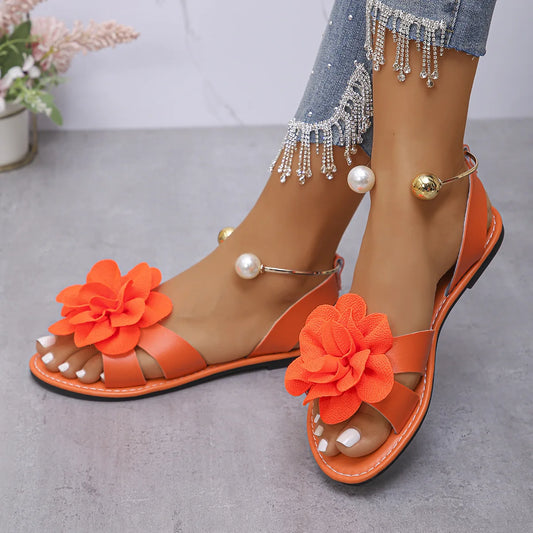 Footmaxldn Floral Pearl Flat Sandals – Women's Slip-On Summer Shoes