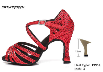 SHUANGSEJU 2025 New Latin Dance Shoes Female Hot Diamond Dance Shoes National Standard Salsa Cha Cha Dance Shoes 6-7.5-9cm Heel - footmaxldn