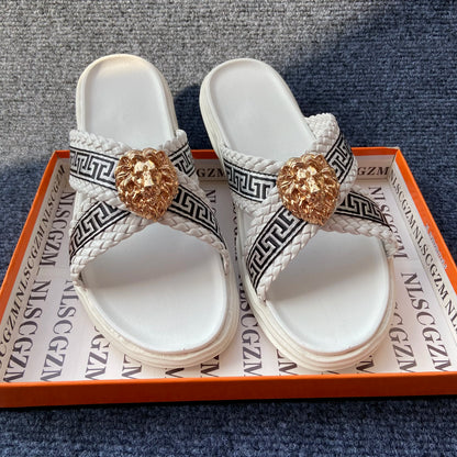 Footmaxldn Lion Head Cross-Strap Slides | Men's Designer Sandals
