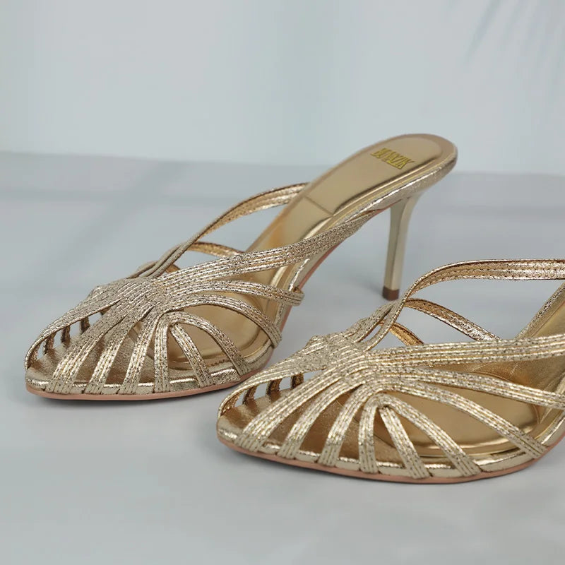 New Gold Hollow Thin Strip Heels for Women Luxury Pointed Toe Heeled Pumps Office Lady Mules Summer Stiletto Shoe Sandals 2025 - footmaxldn