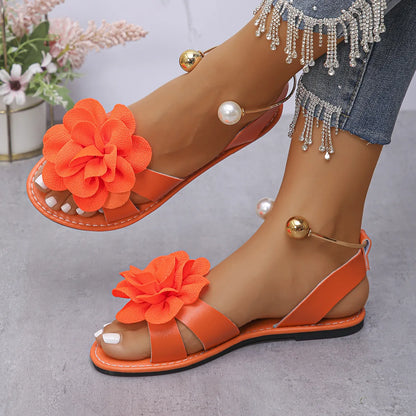 Footmaxldn Floral Pearl Flat Sandals – Women's Slip-On Summer Shoes