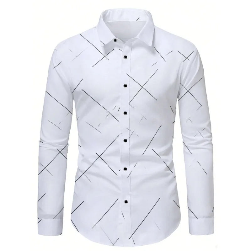 Footmax Men's White Business Shirt - Long Sleeve Elastic Printed Casual Dress Shirt - footmaxldn