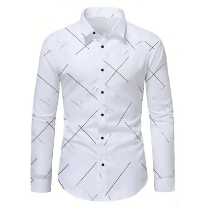 Footmax Men's White Business Shirt - Long Sleeve Elastic Printed Casual Dress Shirt - footmaxldn