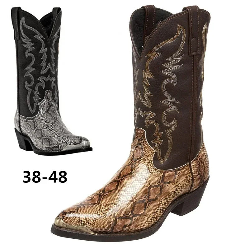 A pair of western cowboy boots shown on a white background, with one boot in black and silver snakeskin and one in brown and tan snakeskin. The larger boot in the foreground shows decorative embroidered shaft panels.