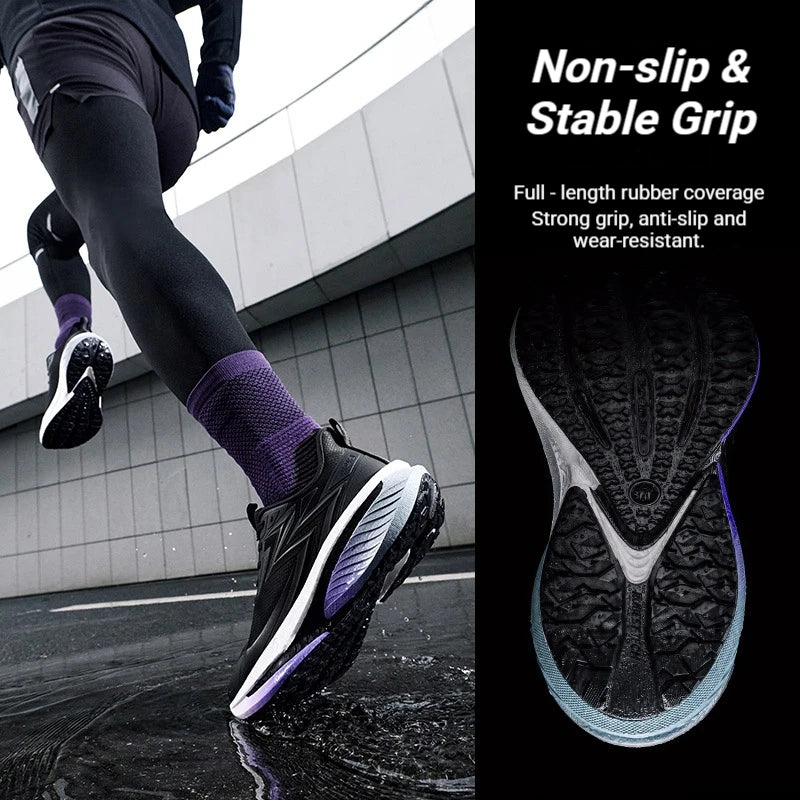 A person running outdoors wearing black running shoes with purple accents, shown from the waist down on wet pavement. The right side of the image is a black panel with white text reading 'Non-slip & Stable Grip' and a close-up of the shoe sole.