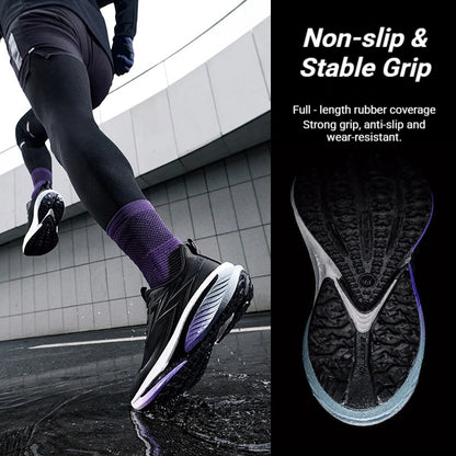 A person running outdoors wearing black running shoes with purple accents, shown from the waist down on wet pavement. The right side of the image is a black panel with white text reading 'Non-slip & Stable Grip' and a close-up of the shoe sole.