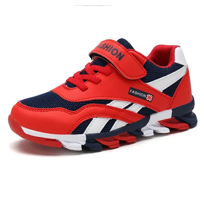 Red, blue, and white sneaker with 'Fashion' label on a white background