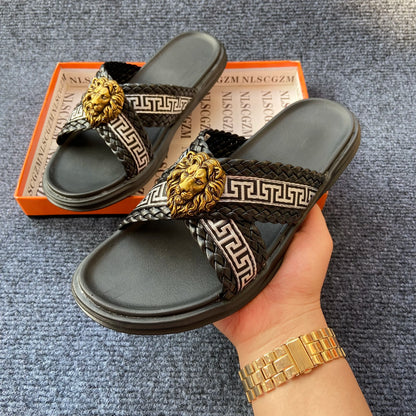 Footmaxldn Lion Head Cross-Strap Slides | Men's Designer Sandals