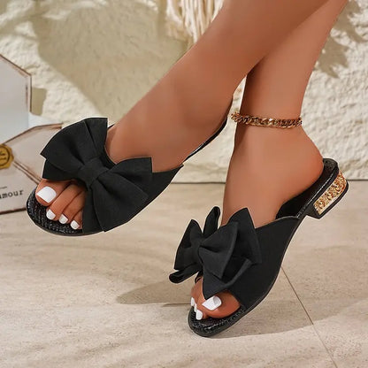 Footmaxldn Bow-Tie Flat Slippers | Women's Square Heel Beach Sandals
