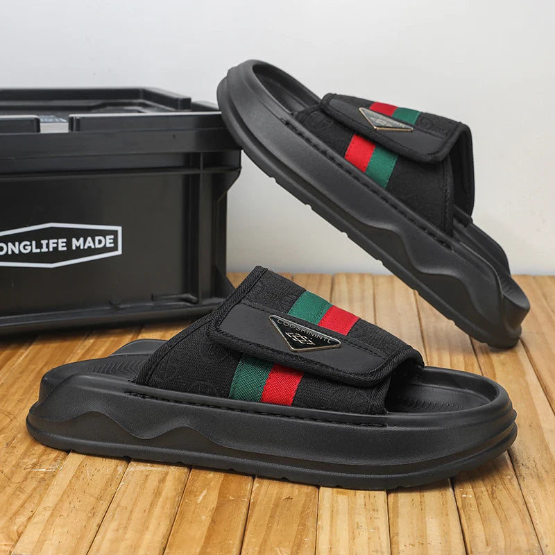 Men's Platform Slide Sandals | Stripe Detail & Cushioned Sole | Footmaxldn