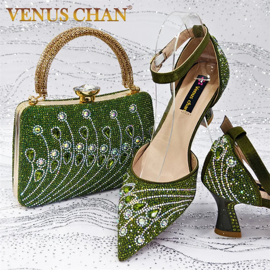 2025 Elegant Rhinestone Pointed Toe Pumps With Matching Bag Set Large Size shoes Big Bag for Women's Party High Heels - footmaxldn