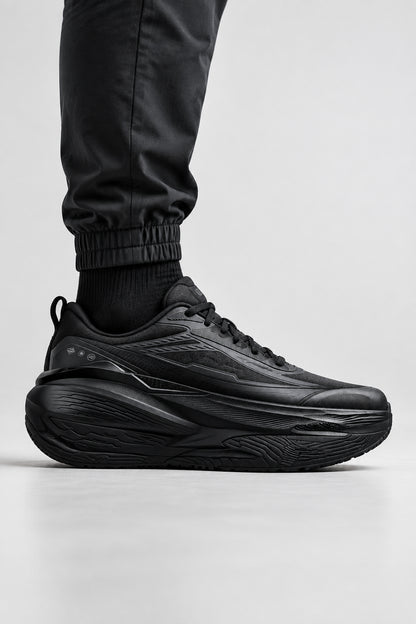 A black athletic sneaker shown at an angle on a light gray textured background with promotional text reading 'QIAODAN' and 'ANTI SLIP AND STABLE LIKE A ROCK,' plus a black bird graphic and 'SLIP-RESISTANT AND WEAR-RESISTANT' badge.