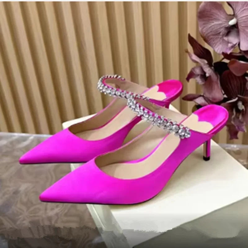 Footmaxldn Rhinestone Chain Stiletto Mules – Patent Leather High Heel Sandals for Women