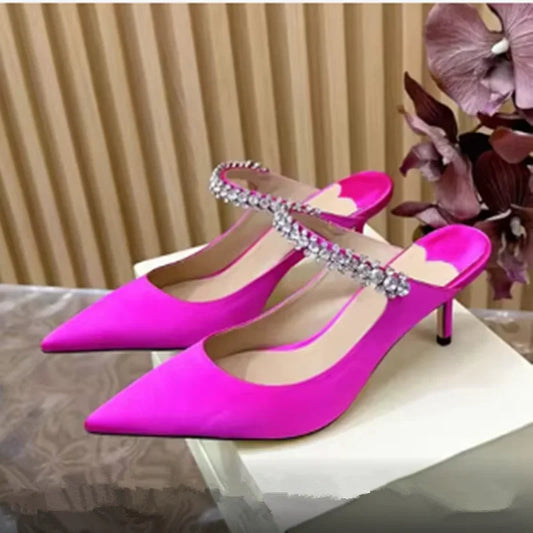 Footmaxldn Rhinestone Chain Stiletto Mules – Patent Leather High Heel Sandals for Women