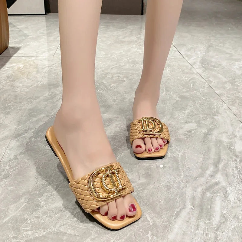 Women Slippers Party Sexy Elegant Slippers Women Luxury Decor Weave Designer Flat Sandals Fashion Open-toe Vacation Slides Women - footmaxldn