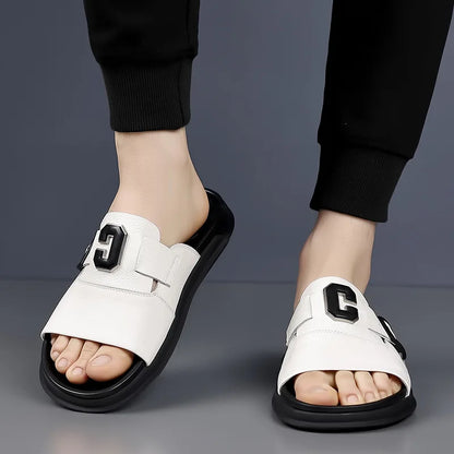 Men's Genuine Leather Platform Sandals | Roman Buckle Summer Slides – Footmaxldn