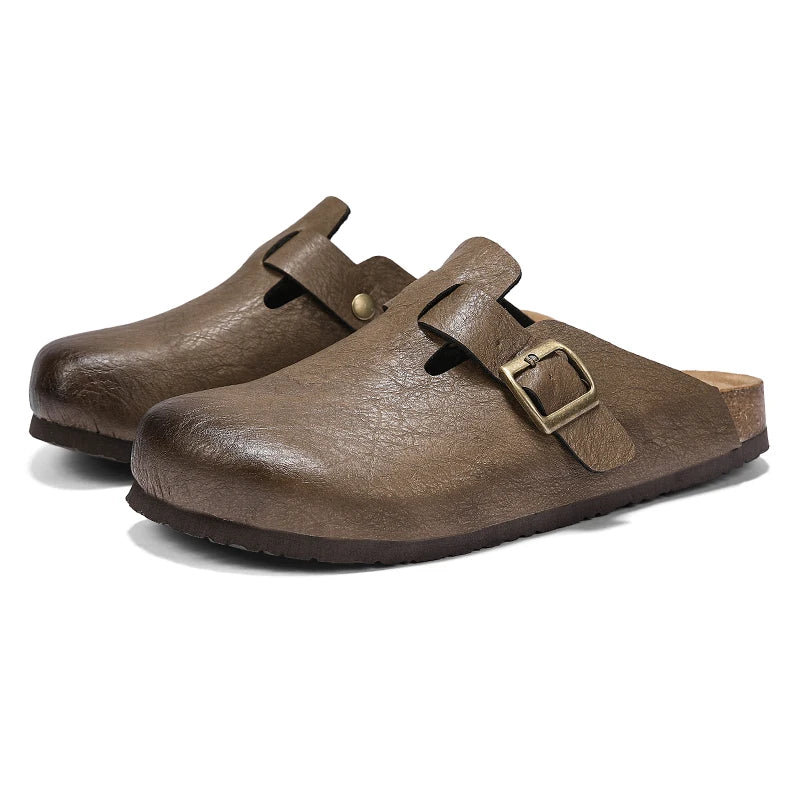 Comfort Cork Leather Slippers for Unisex Men Women Slip on Half Shoes Sandals Closed Toe Backless Health Footbed Slides Fashion - footmaxldn