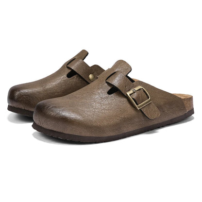 Comfort Cork Leather Slippers for Unisex Men Women Slip on Half Shoes Sandals Closed Toe Backless Health Footbed Slides Fashion - footmaxldn