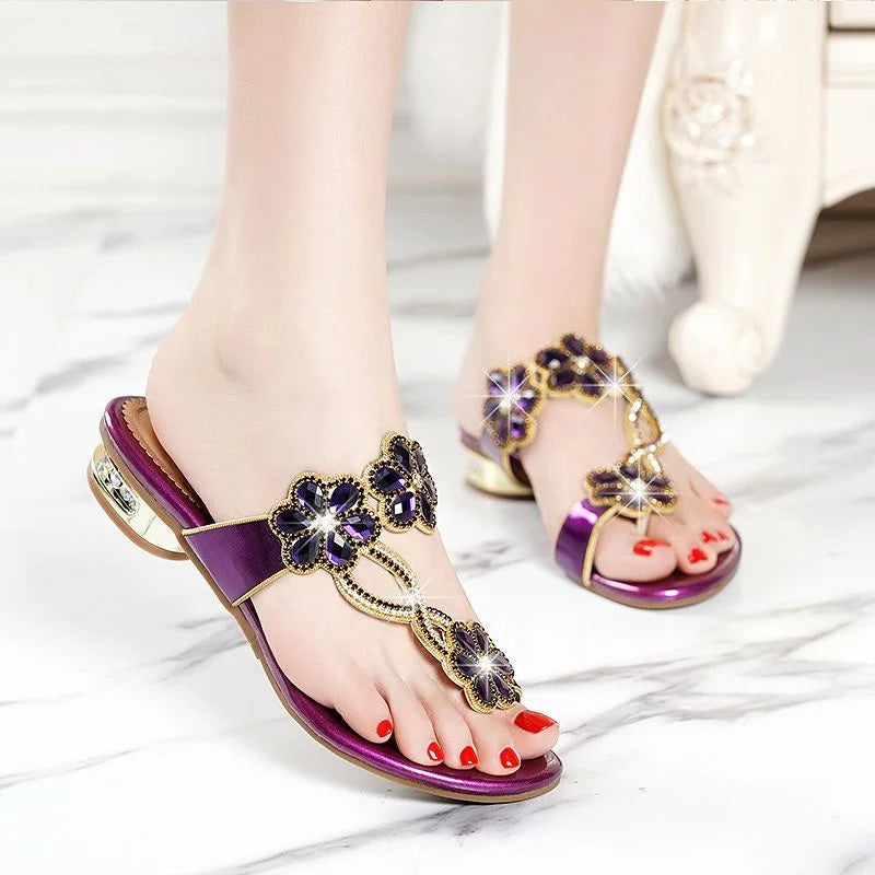 Bohemian Rhinestone Sandals for Women Summer High Heels Gladiator Sandals Woman Slip On Beach Slippers Flip Flops - footmaxldn