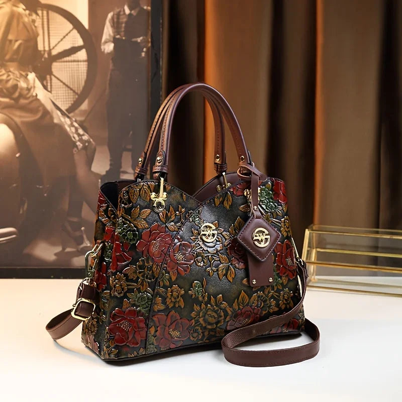 Vintage Flower Pattern Handbag, Luxury PU Leather Tote Bag, Fashion Crossbody Bag For Women - footmaxldn
