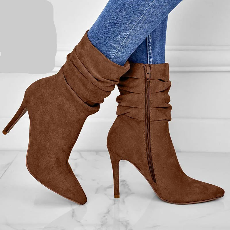 Footmaxldn Pleated Faux Suede Ankle Boots – Pointed Toe Stiletto Heel with Side Zip